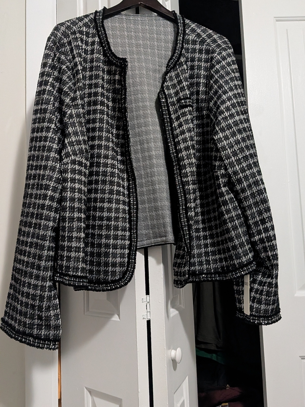 SHEIN Black and White Tweed Fringed Open-Front Jacket